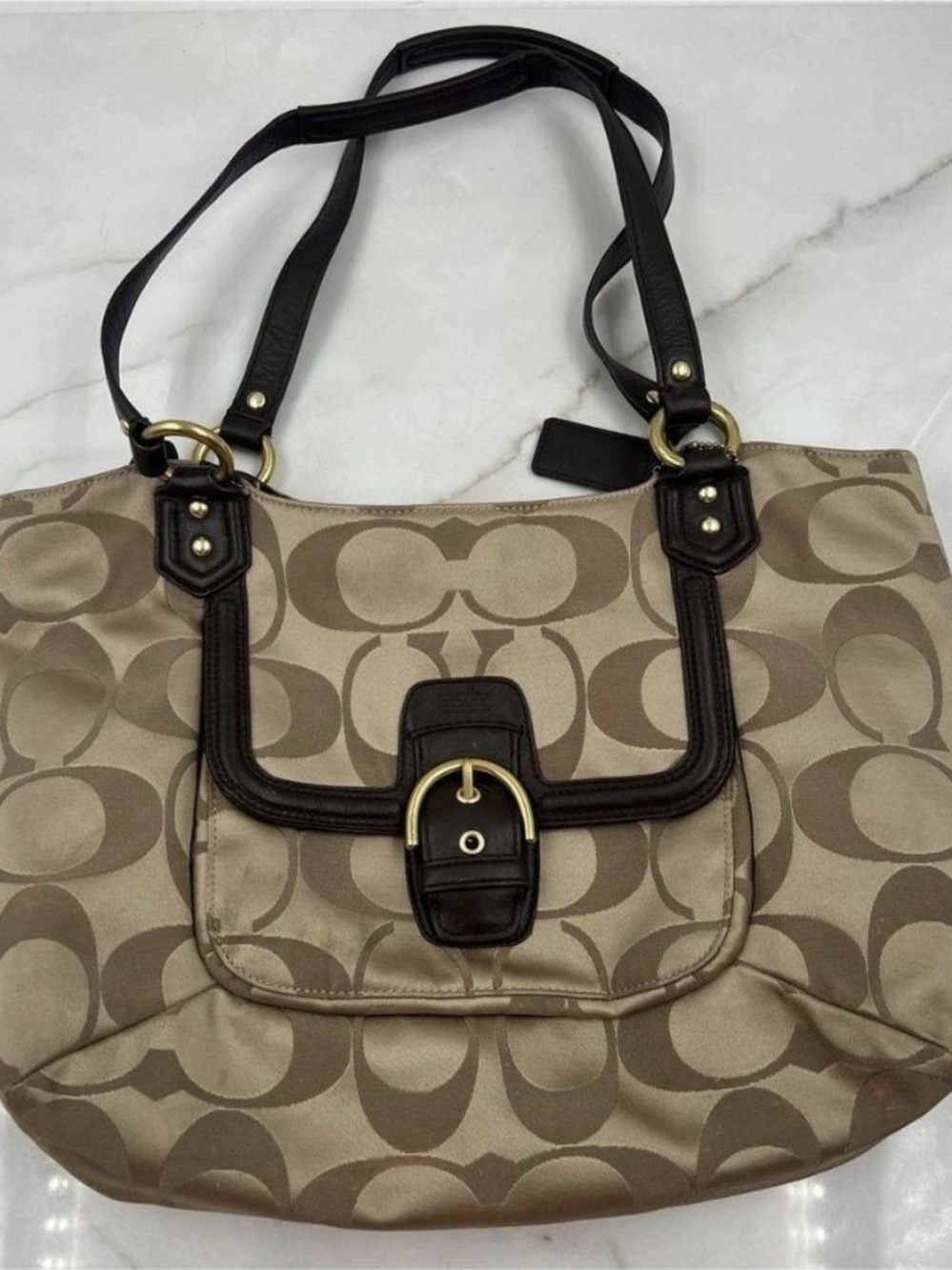 Coach Beige Signature Canvas Shoulder Bag with Dark Brown Trim